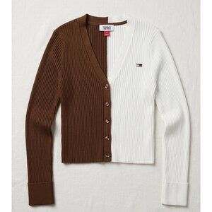 Tommy Jeans Two-Tone Ribbed Knit Button-Up  Size S Cardigan In White & Brown